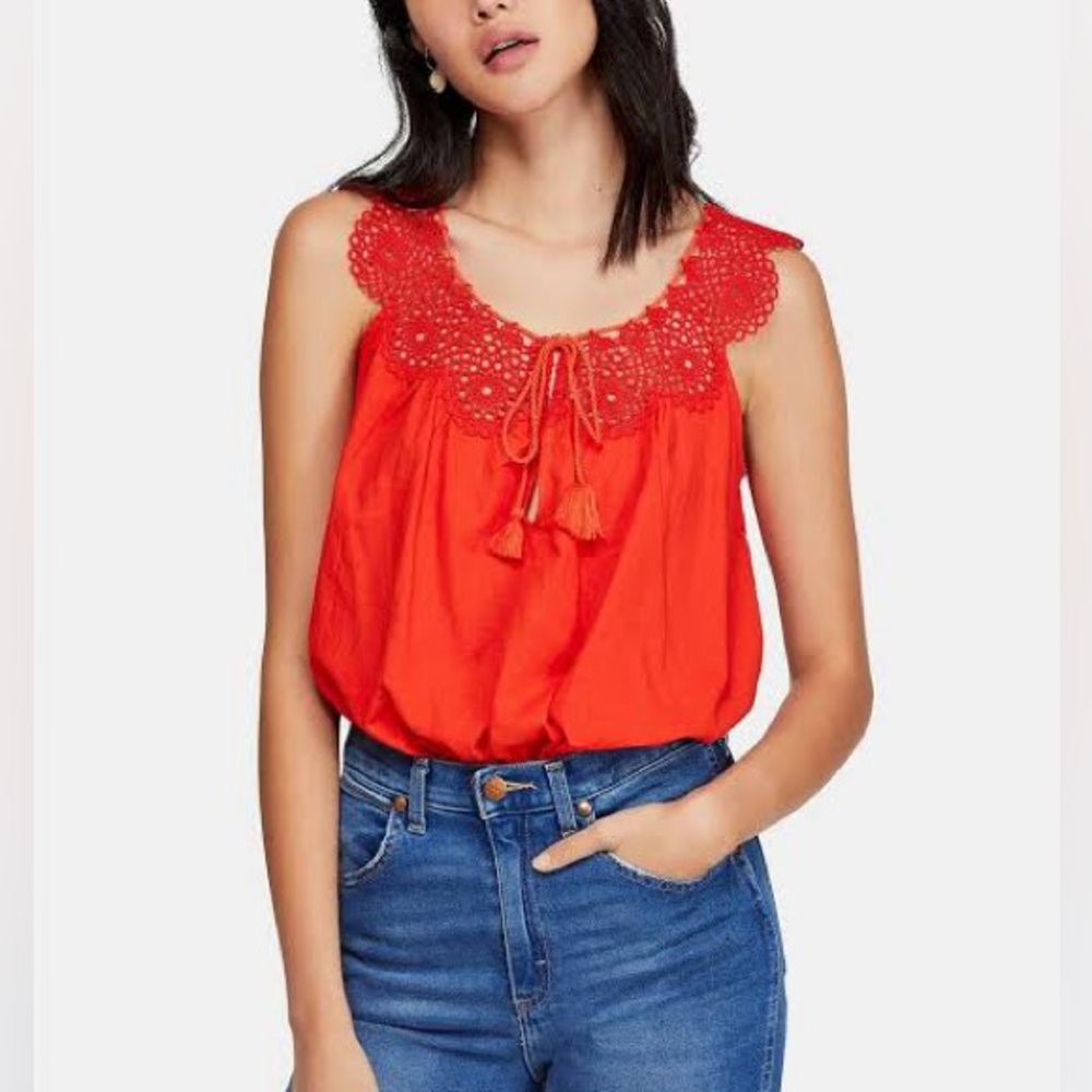 Free People “Clover Croft” Crochet Crop Bubble Tank Blouse